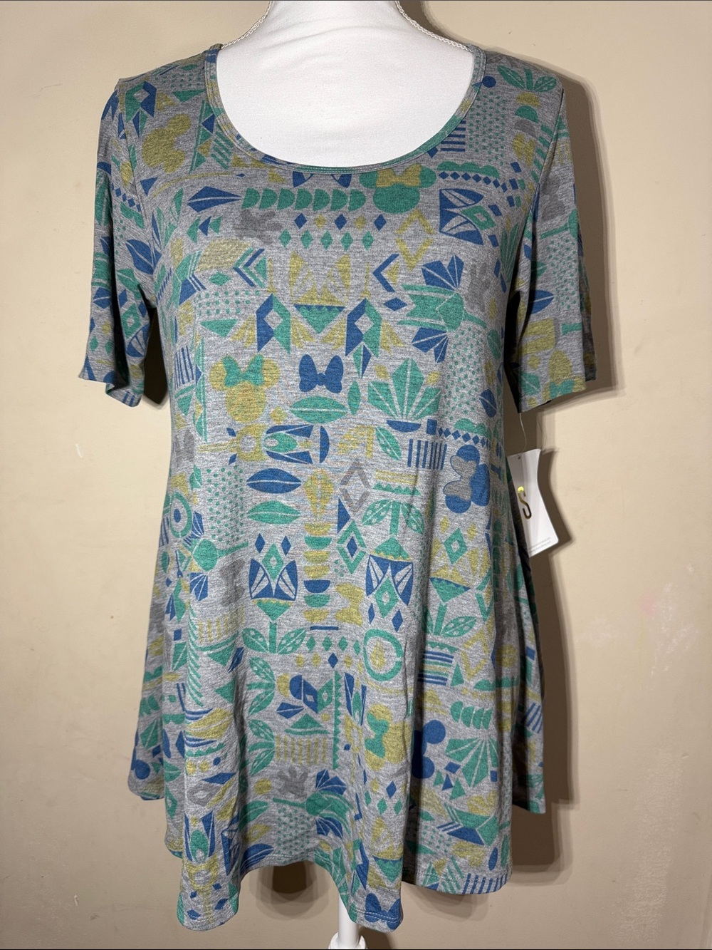 LuLaRoe Disney Scoop Neck Tunic in Gray with Blue and Green Geometric Print